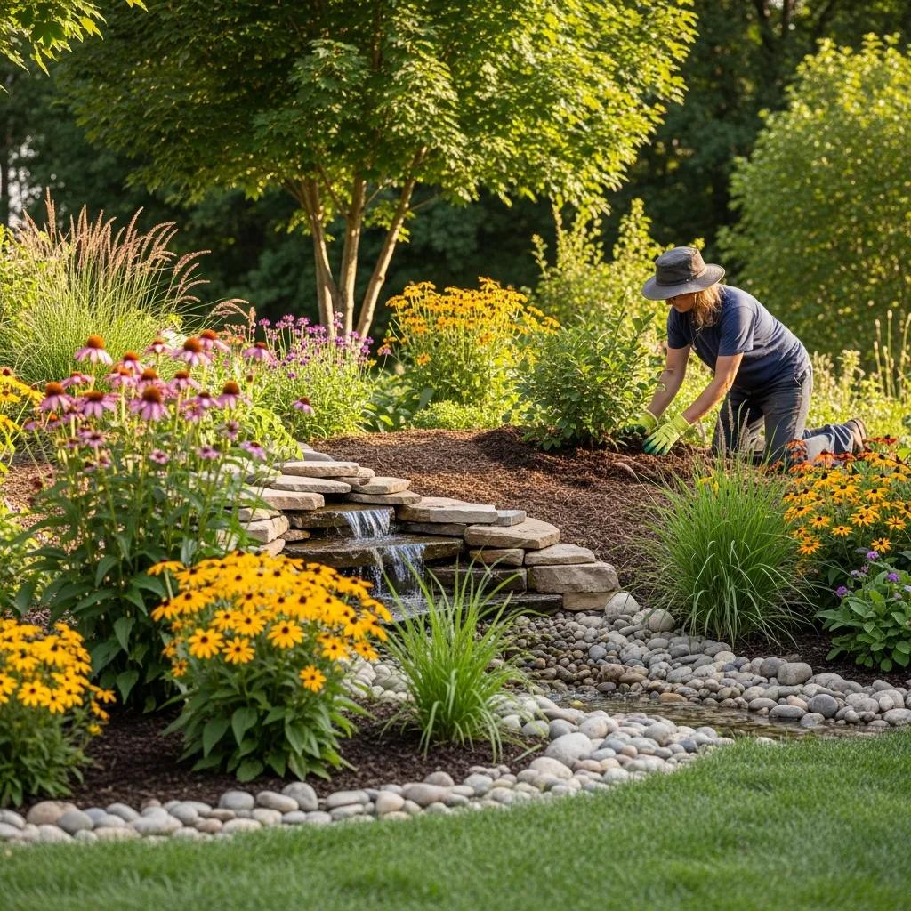 Garden with native plants and rain garden showcasing sustainable landscaping practices