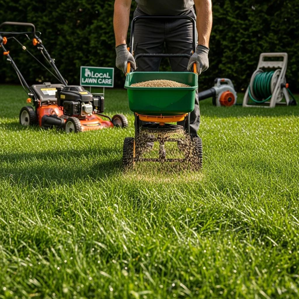 Lawn care professional applying fertilizer to a healthy green lawn