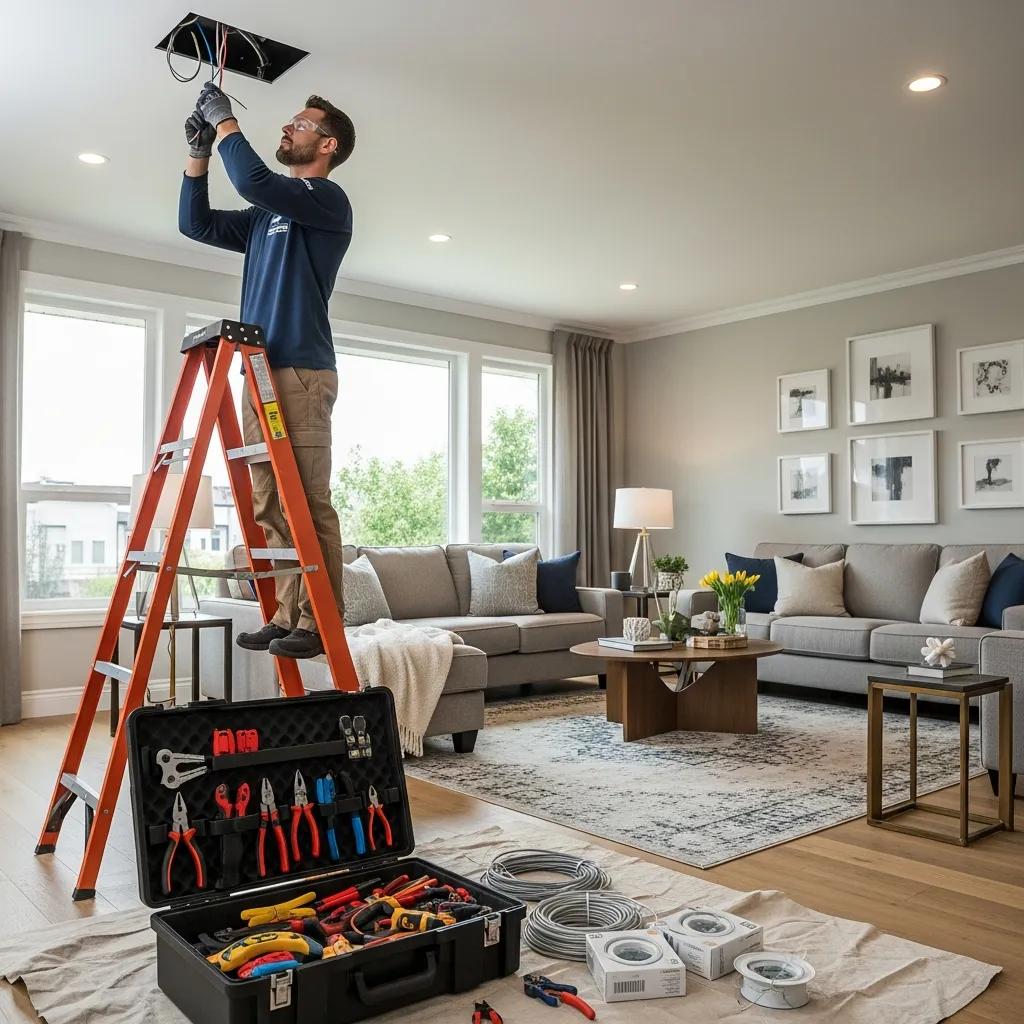 Licensed electrician installing lighting fixtures in a modern home, showcasing residential electrical services