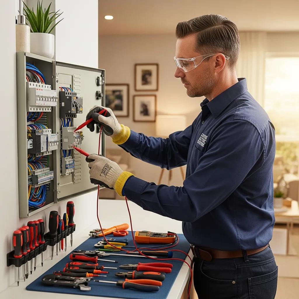 Licensed electrician working on a residential electrical panel, highlighting safety and professionalism