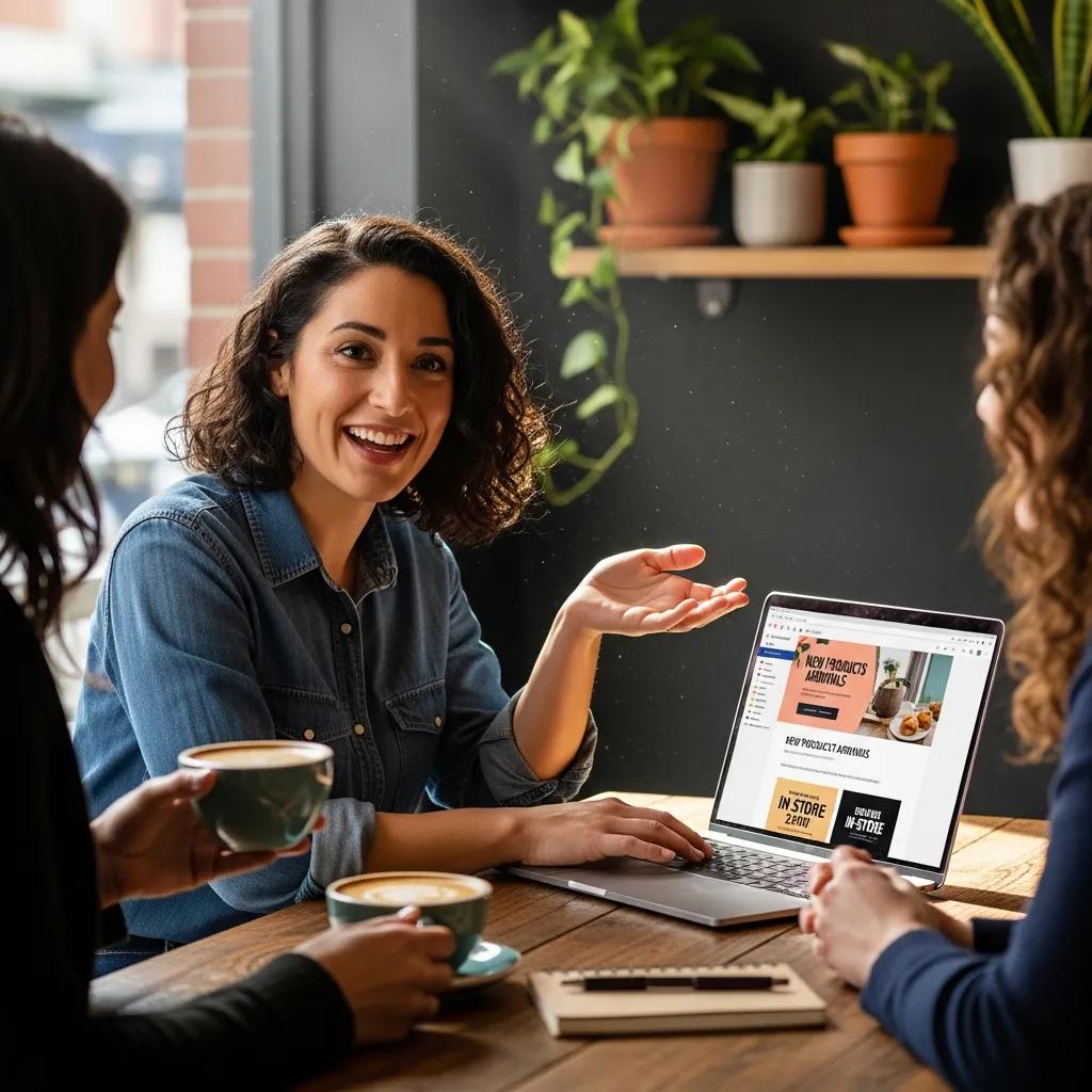 Local business owner engaging customers through email marketing in a cozy shop