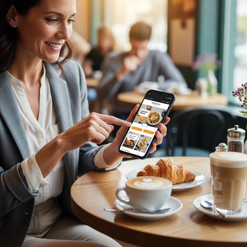 Local business owner engaging with a mobile-optimized website in a cozy café setting