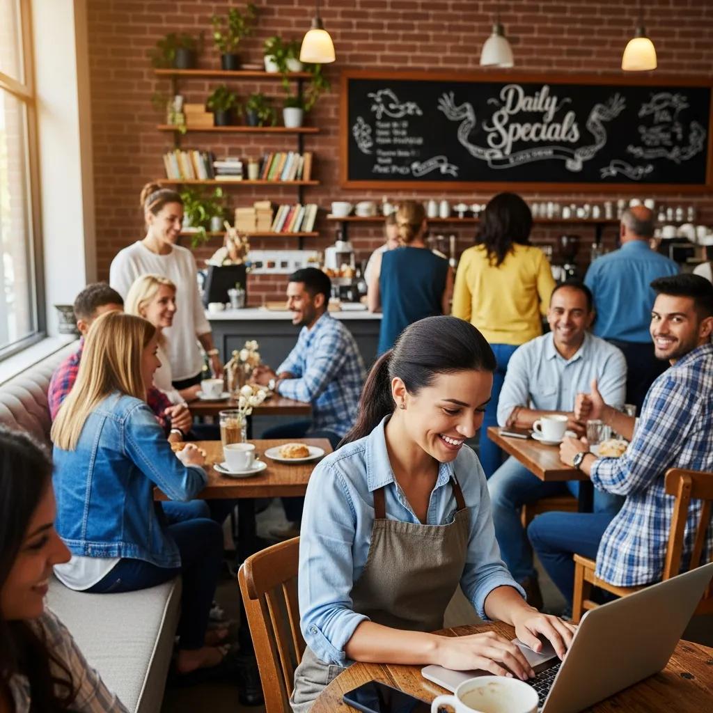 Local business owner engaging with customers on social media in a cozy café setting