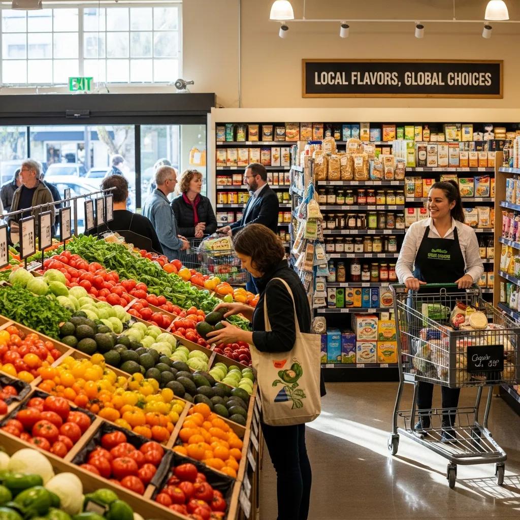 Local grocery store filled with fresh produce and shoppers, emphasizing community shopping