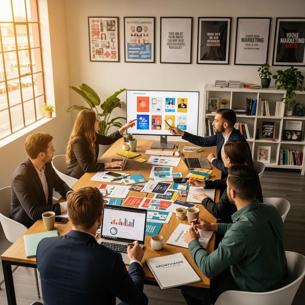 Local marketing agency team discussing strategies in a bright and welcoming office environment