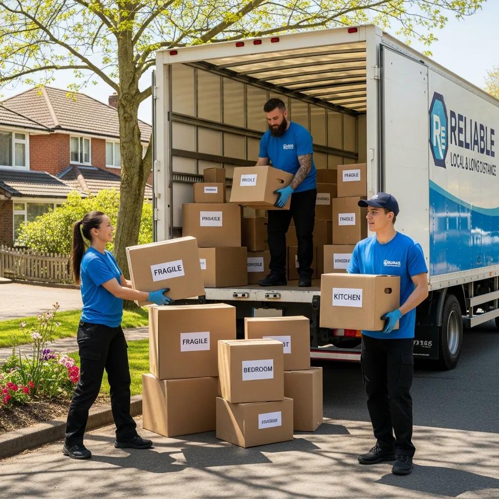 Local movers loading boxes into a truck in a sunny neighborhood, showcasing reliability and professionalism