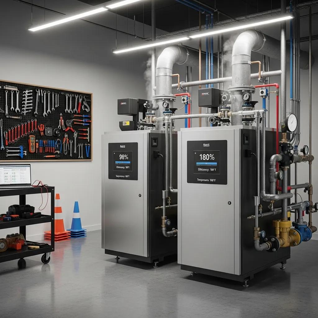 Modern commercial boiler system in an industrial setting, emphasizing energy efficiency and reliability
