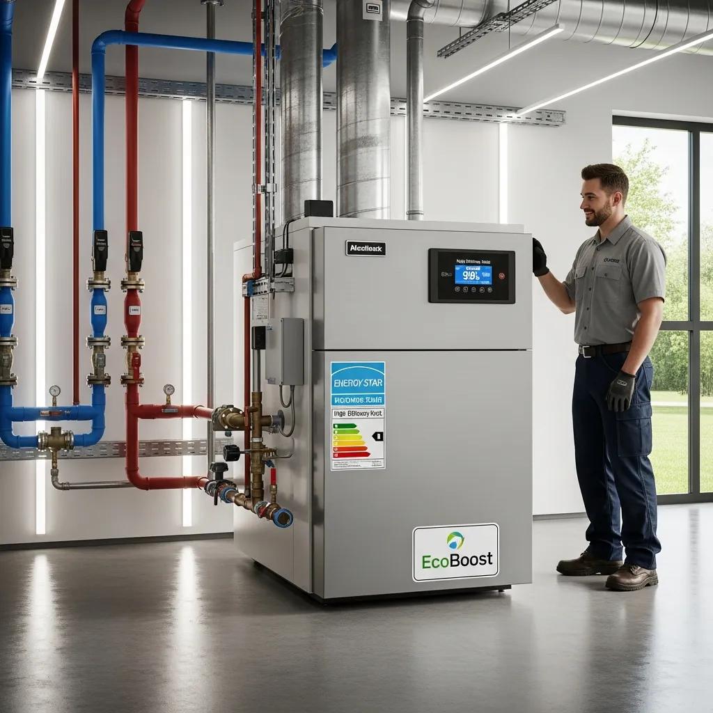 New energy-efficient commercial boiler in a modern facility, showcasing advanced technology and sustainability
