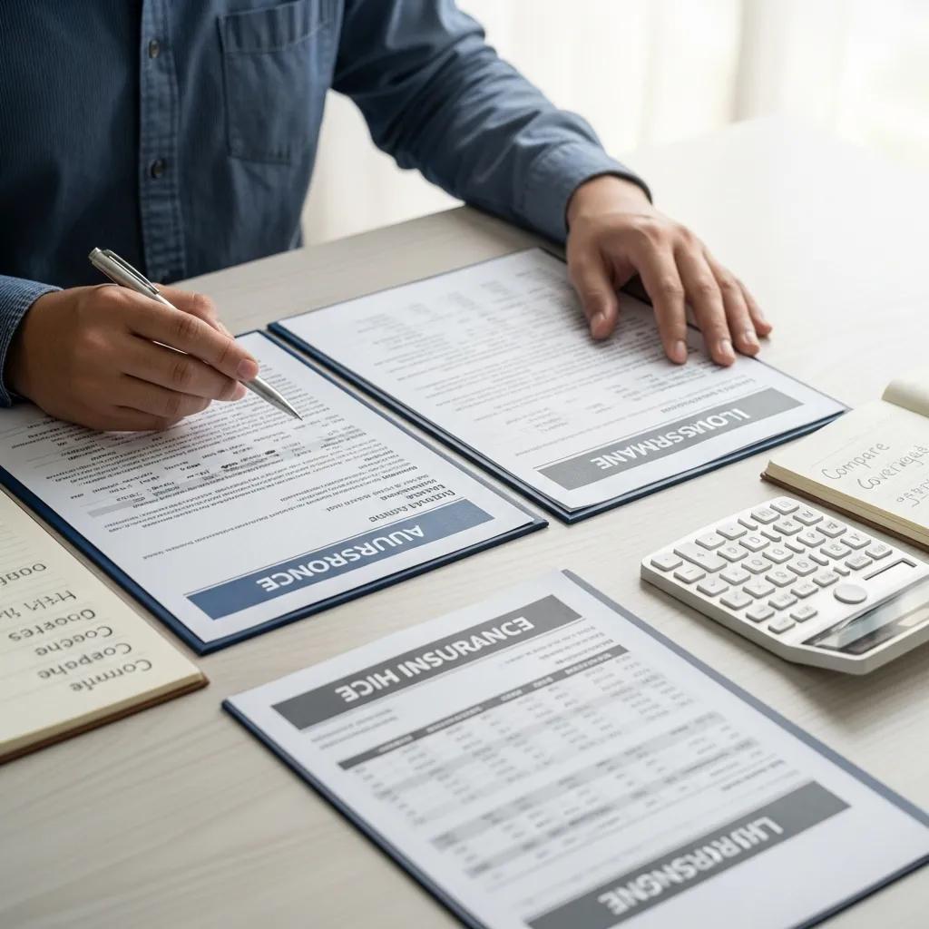 Person comparing insurance policy documents with a calculator and notepad