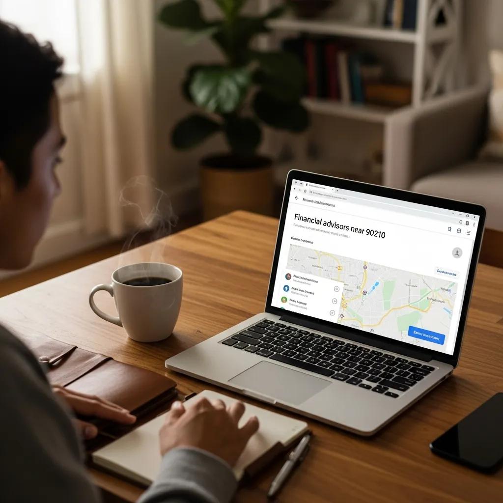 Person searching for local financial advisors on a laptop at home