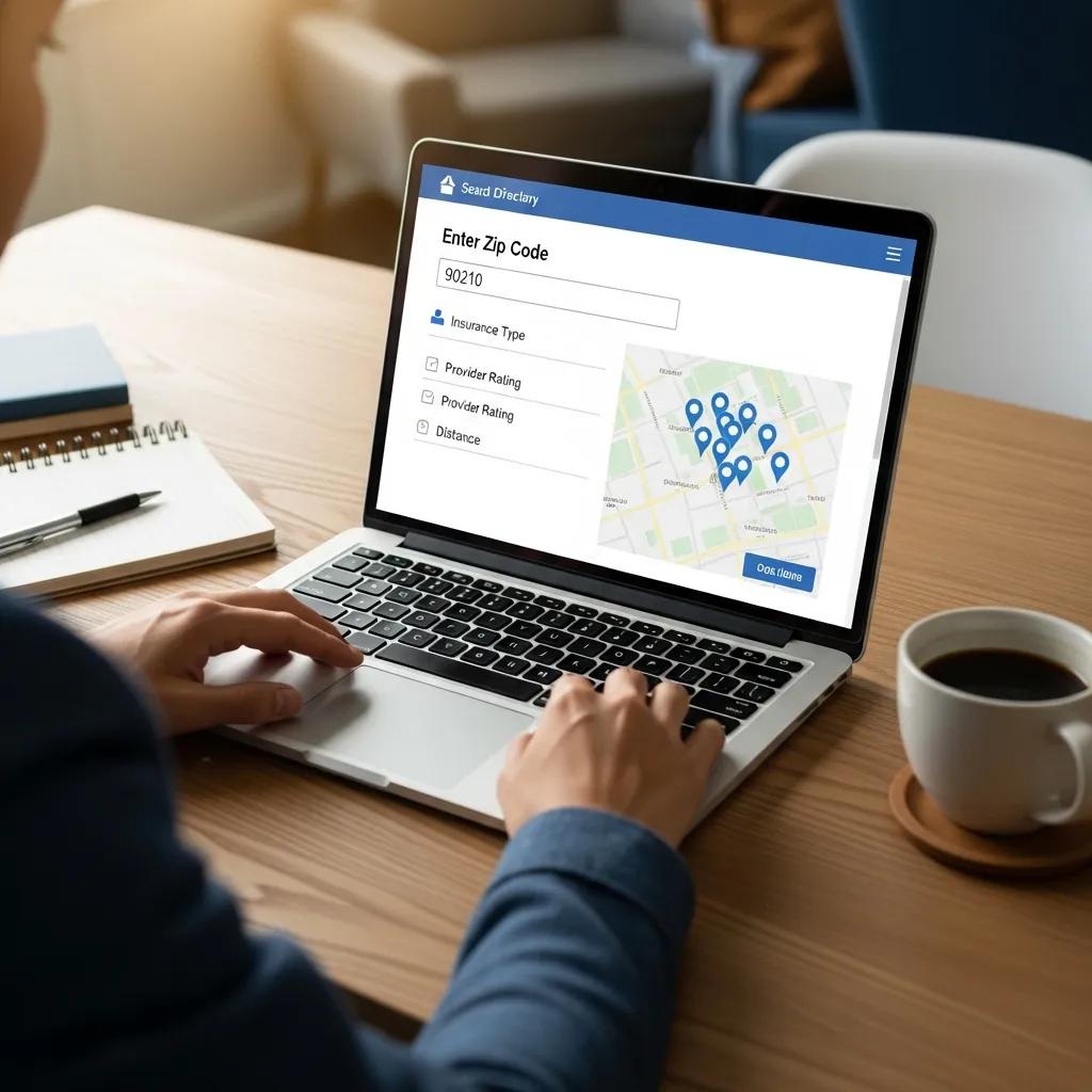 Person searching for local insurance agents using an online directory on a laptop
