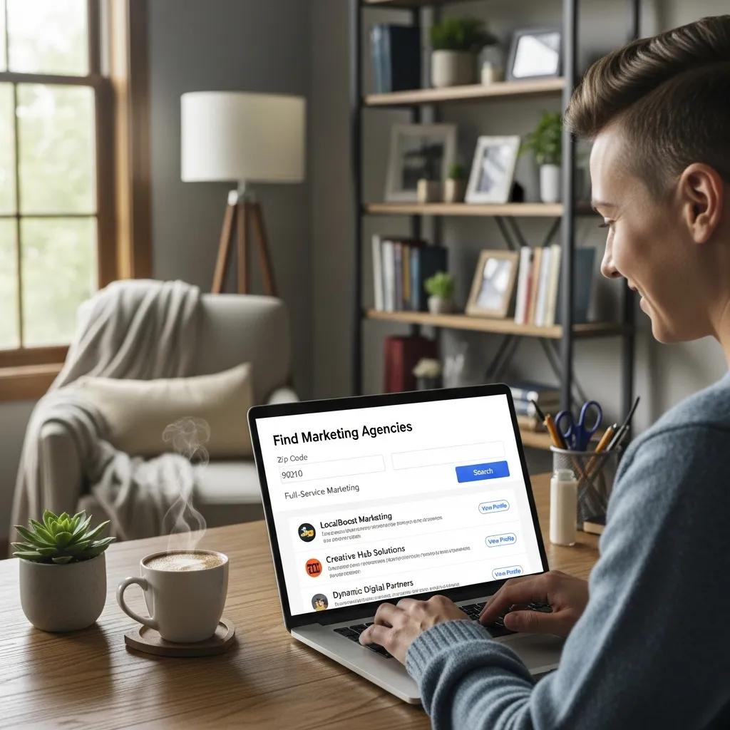 Person using a laptop to search for marketing agencies by zip code in a cozy home office