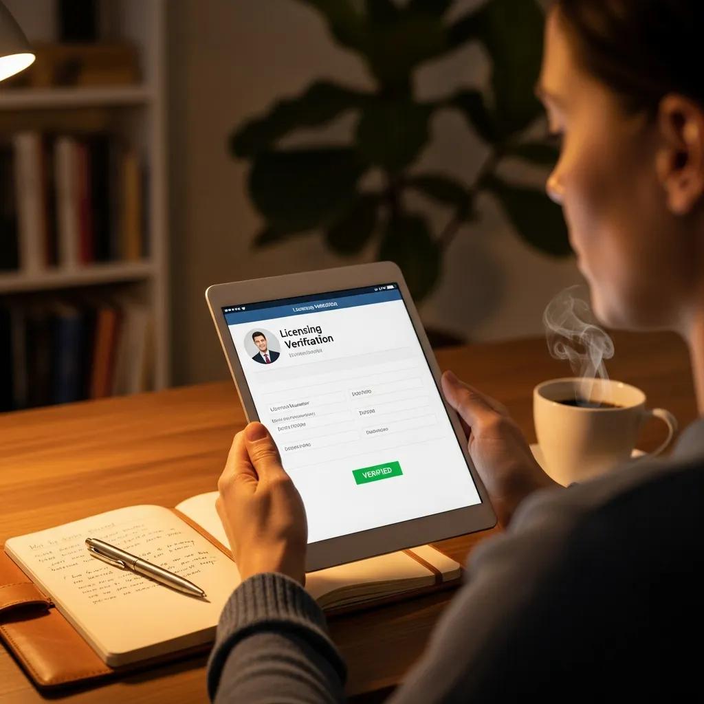 Person verifying plumber credentials on a tablet in a home office