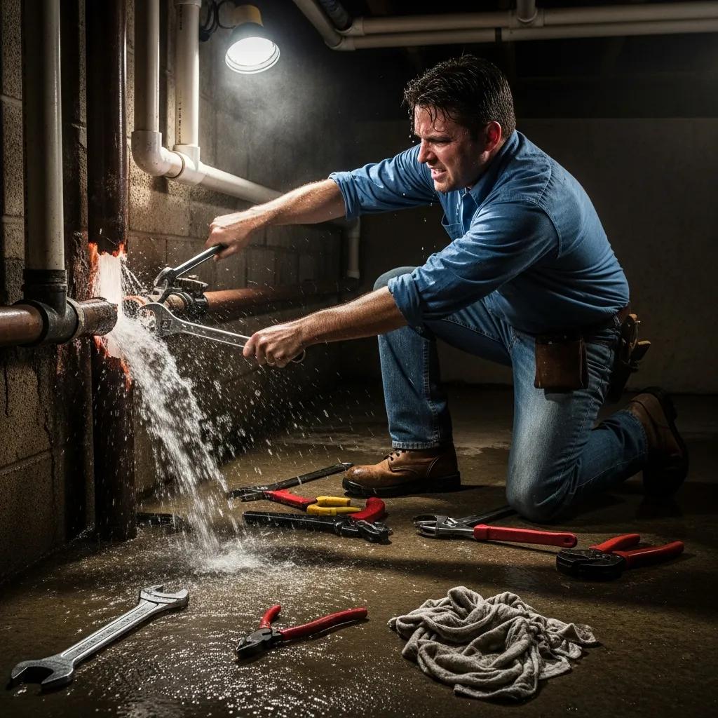 Plumber fixing a burst pipe in a home, illustrating the urgency of plumbing emergencies