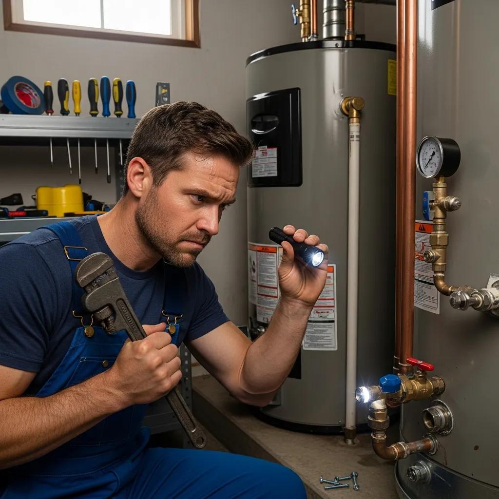 Plumber inspecting a water heater, highlighting common repair issues in plumbing