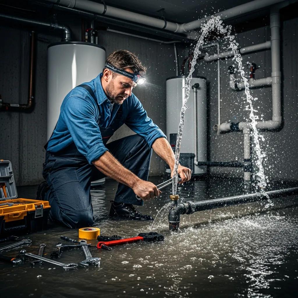 Plumber repairing a burst pipe during an emergency in a home