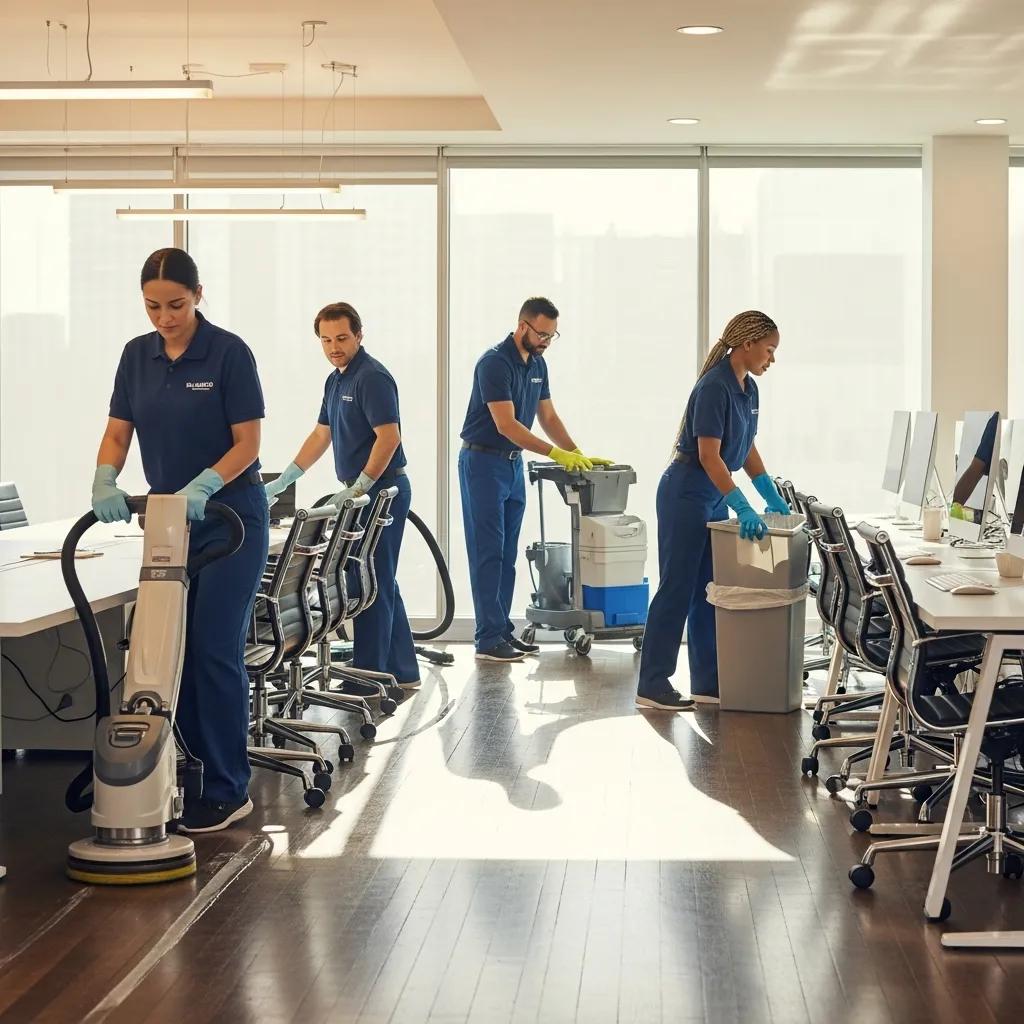 Professional cleaning team in a bright office, showcasing reliable cleaning services
