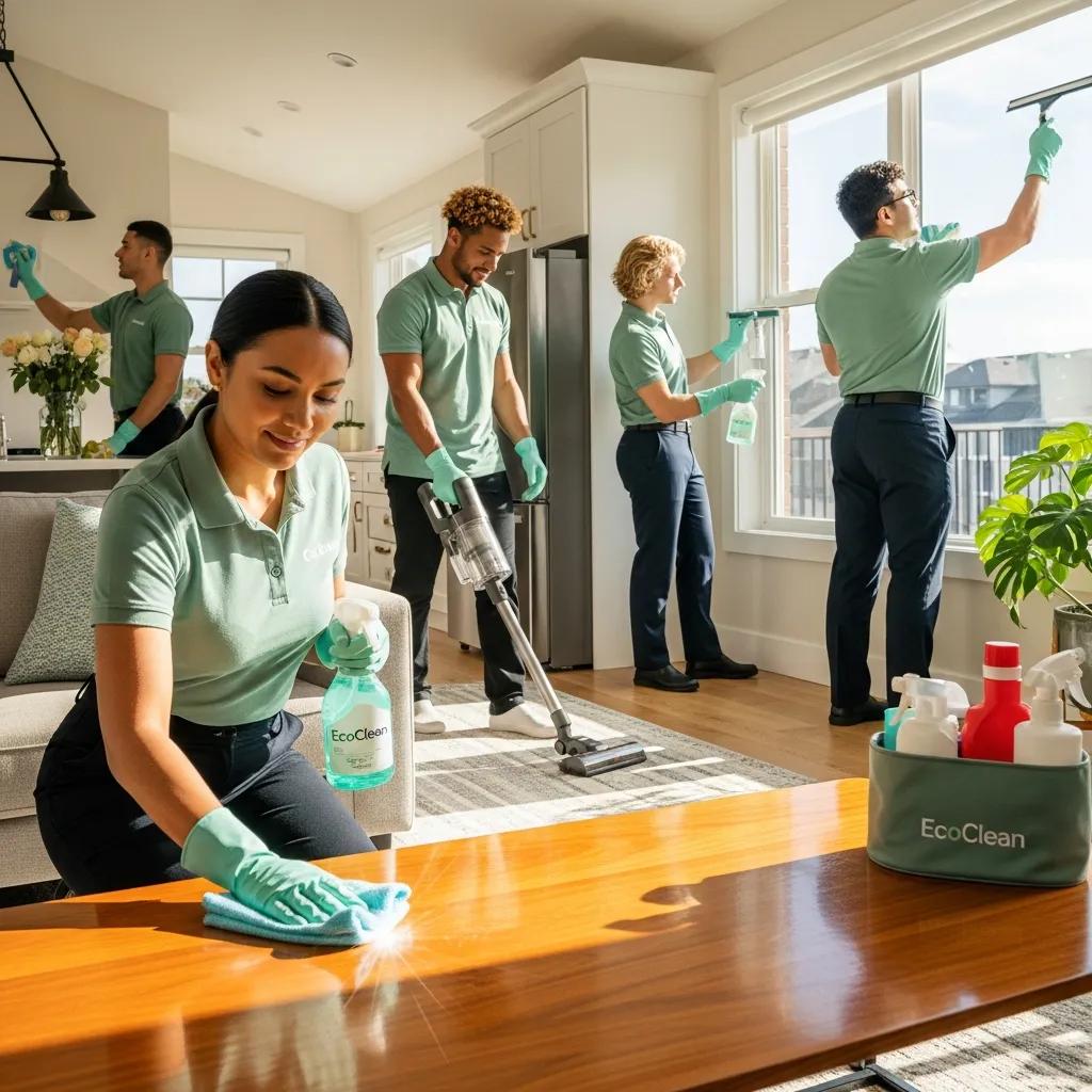 Professional cleaning team using eco-friendly products in a modern home