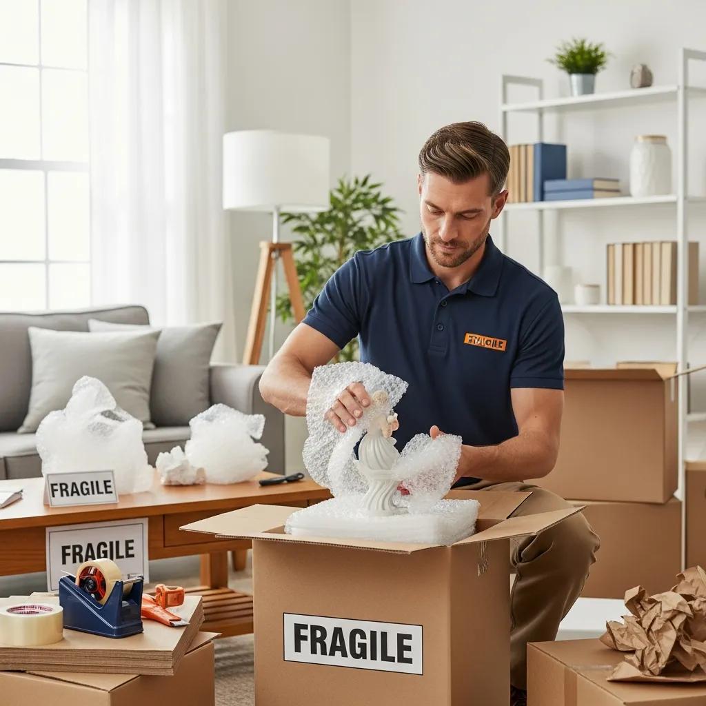 Professional mover packing household items into boxes in a well-organized living room, emphasizing packing services