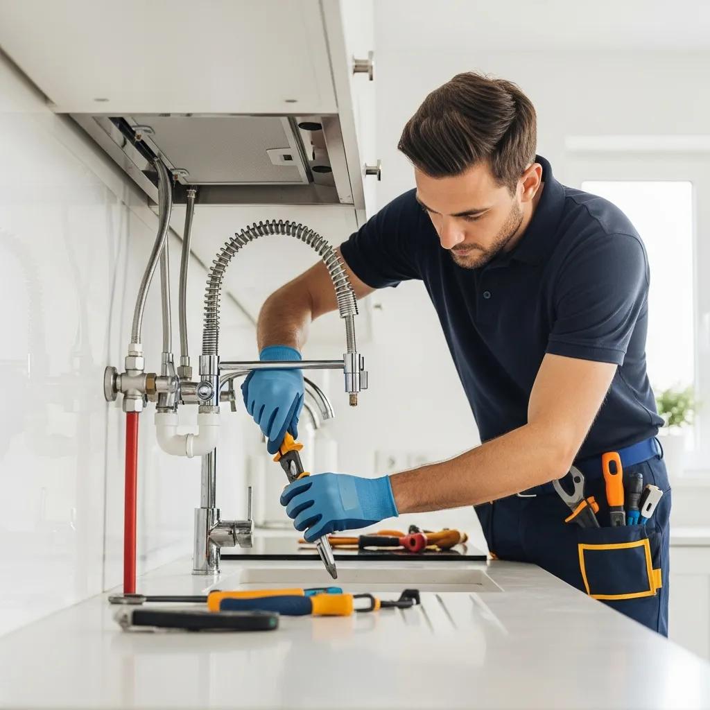 Professional plumber fixing a leaky faucet in a modern kitchen, highlighting plumbing repair services