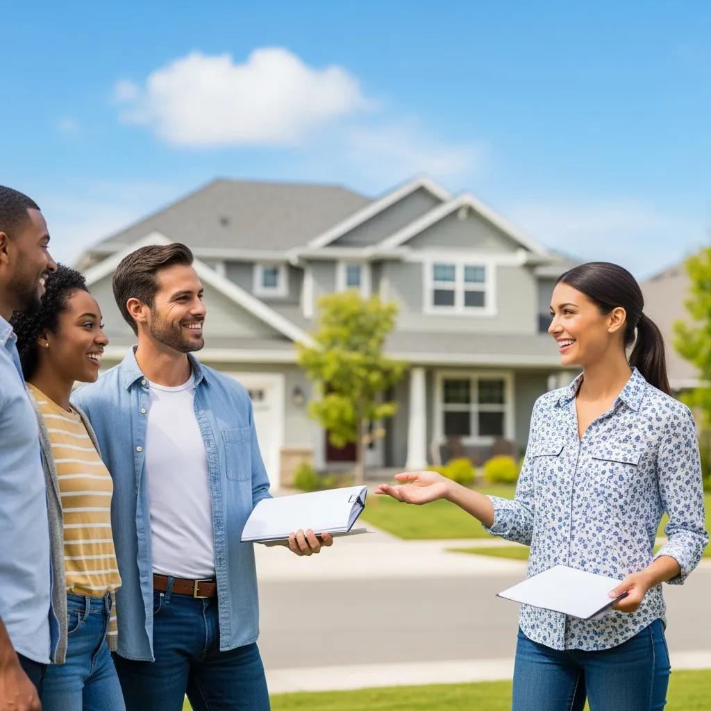 Real estate agent showing a house to a couple in a sunny neighborhood