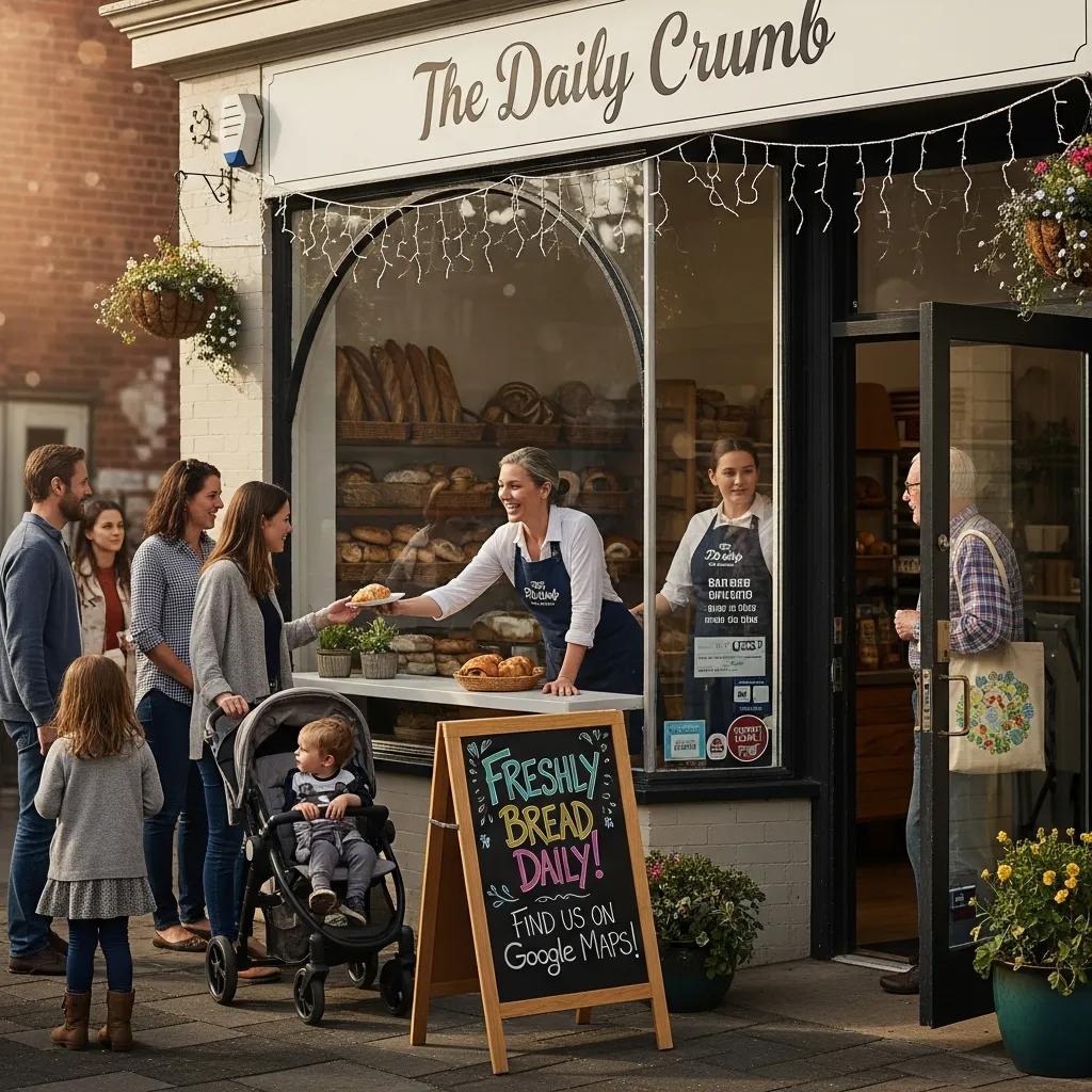 Small business owner engaging with customers in a vibrant local setting, highlighting community connection and local SEO strategies