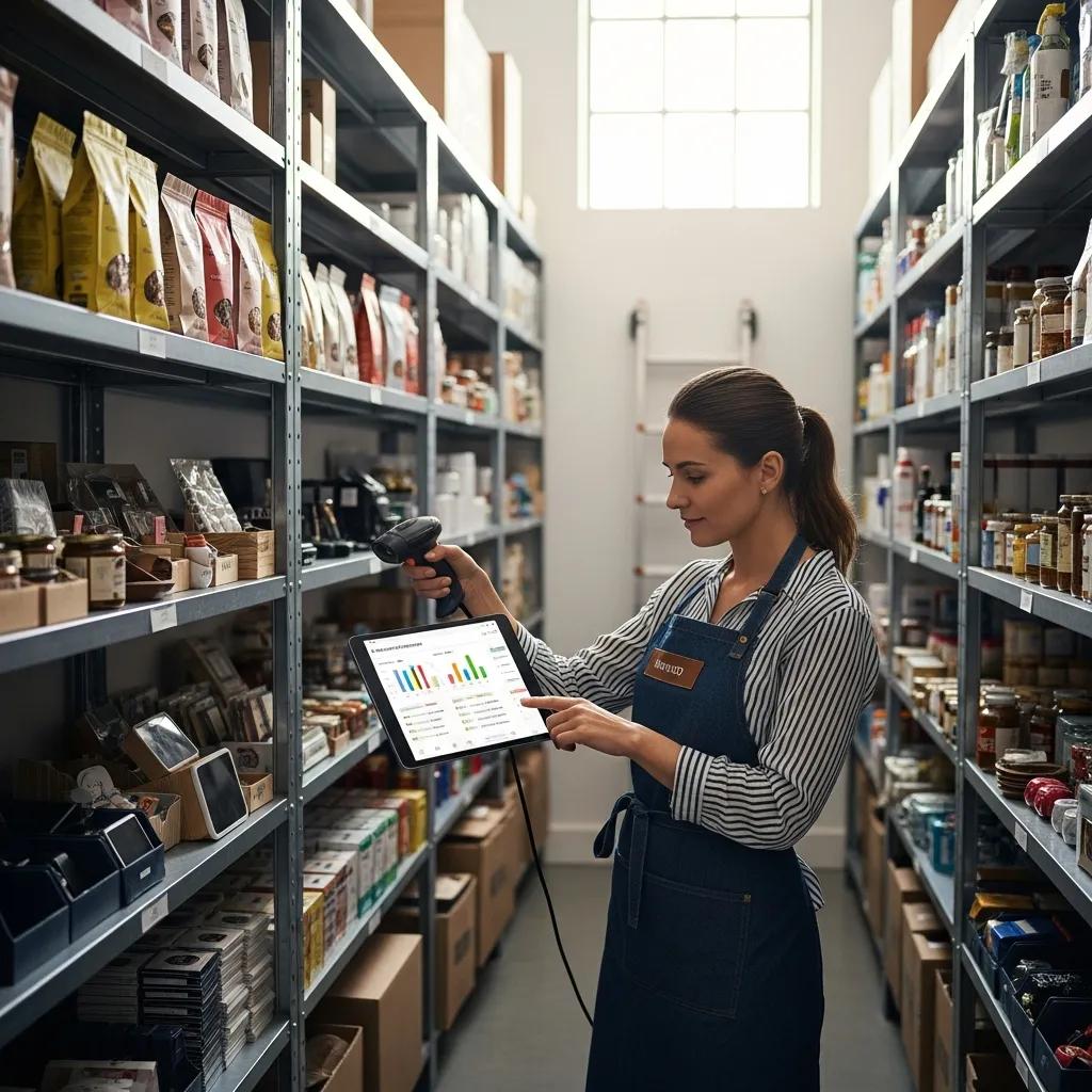 Small business owner managing inventory in a well-organized stockroom with shelves of products
