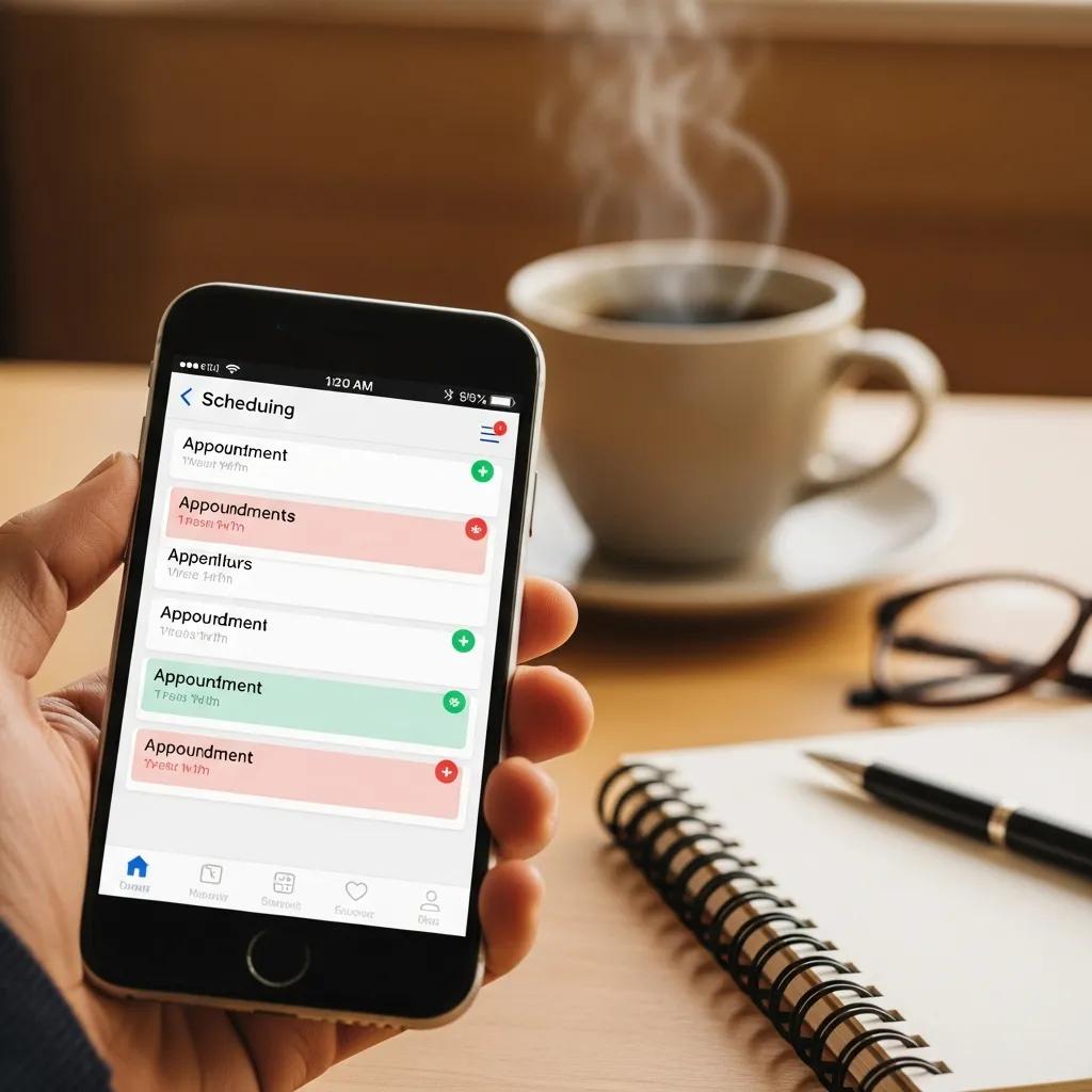 Smartphone showing scheduling app notifications in a cozy workspace