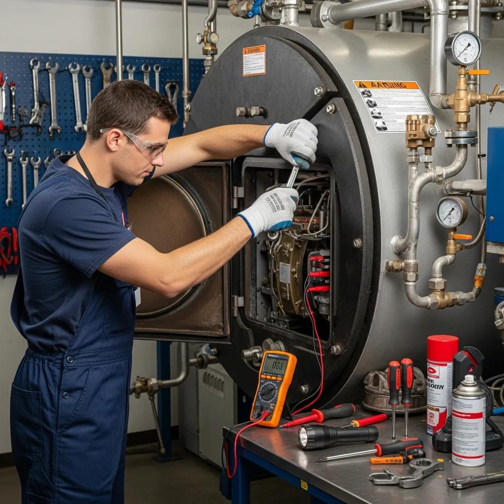 Technician performing maintenance on a commercial boiler, highlighting essential maintenance practices