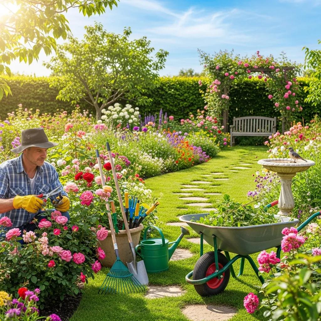 Vibrant landscaped garden with flowers and a gardener enhancing outdoor space