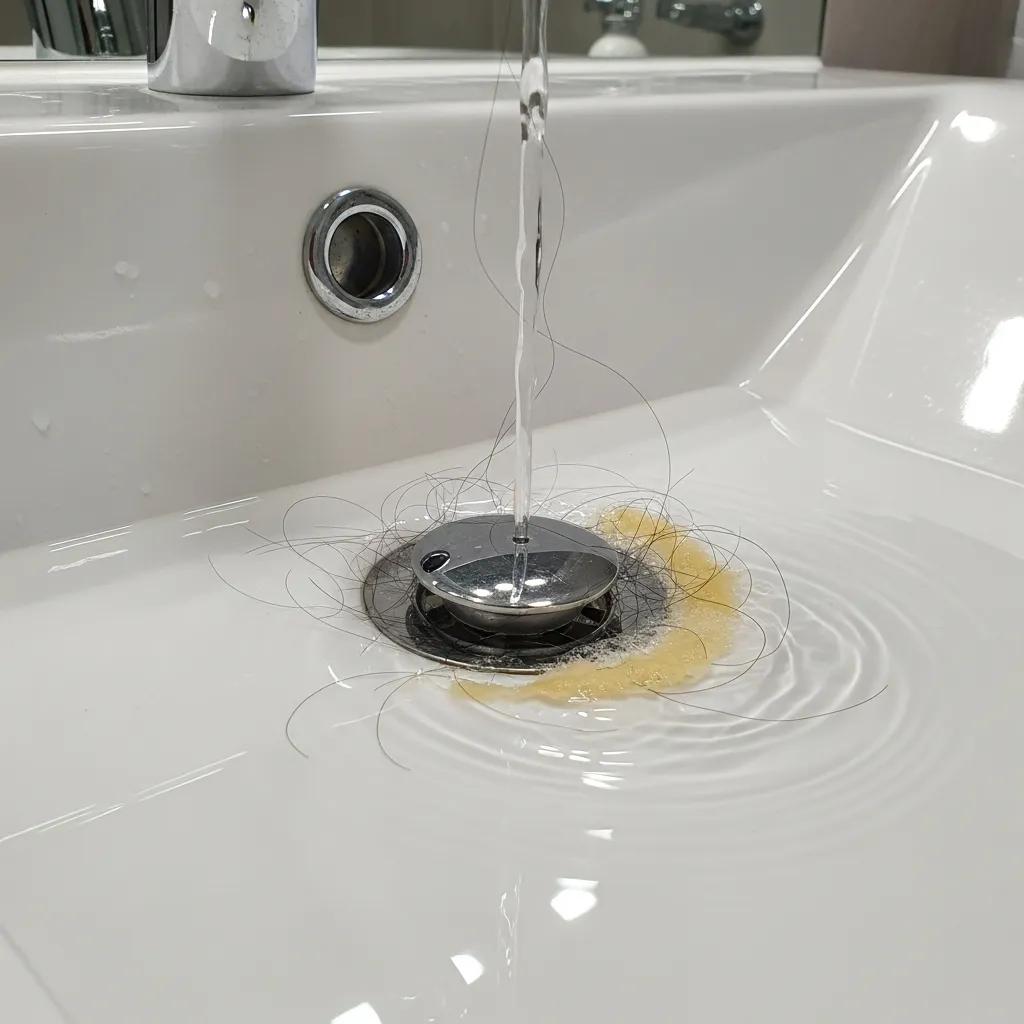 Close-up of a slow-draining sink with water pooling, indicating plumbing issues related to hair and soap scum