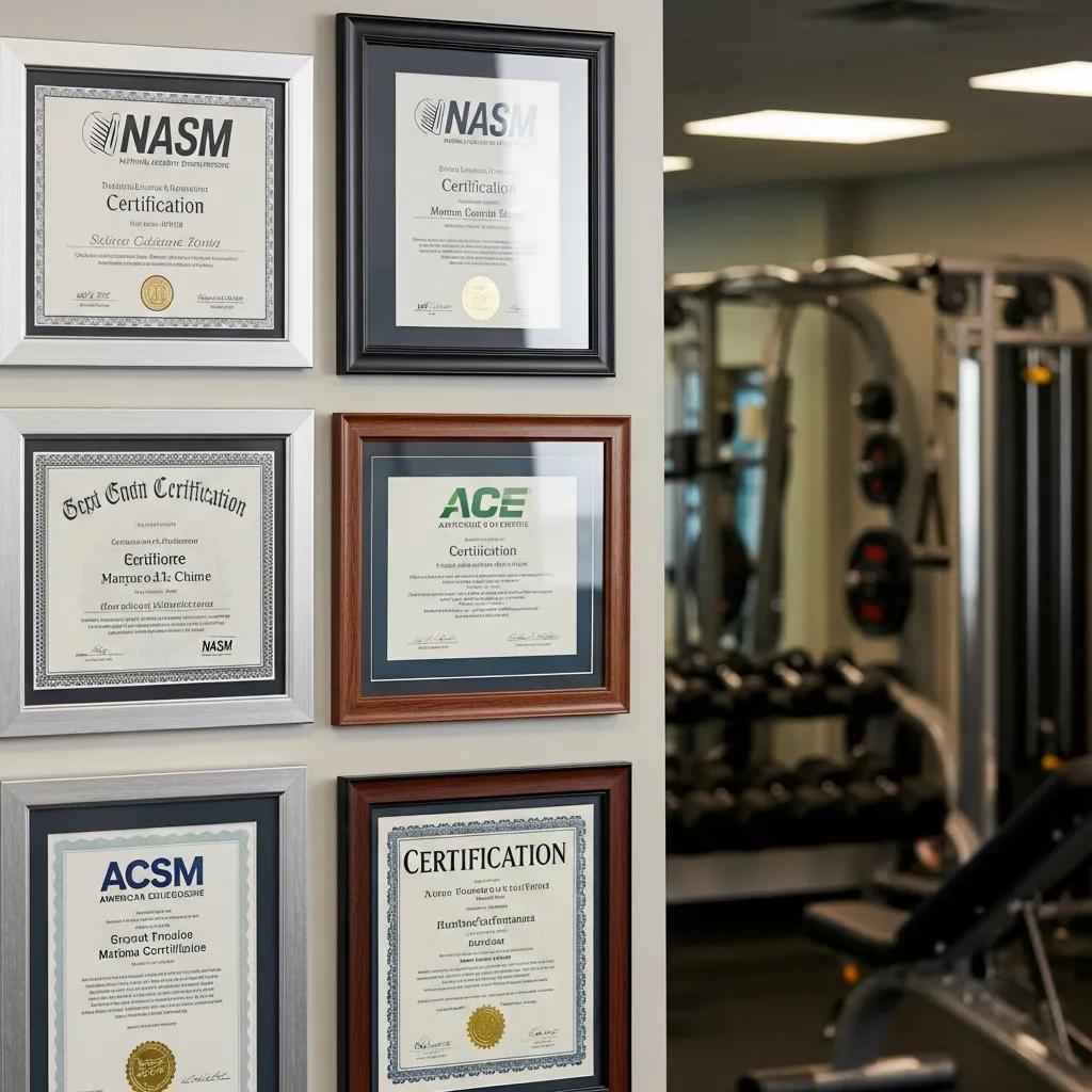 Close-up of fitness trainer certifications displayed in a gym, highlighting professional qualifications