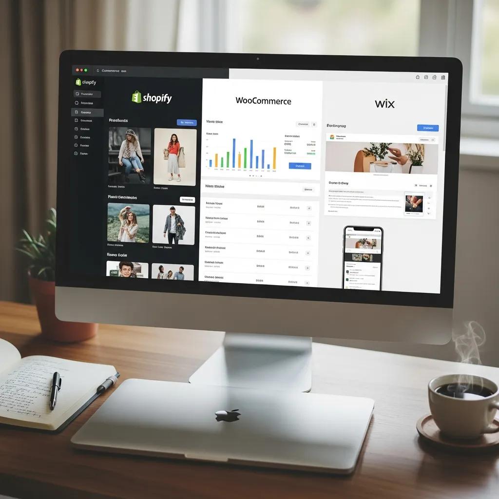 Computer screen showcasing e-commerce platform interfaces in a cozy workspace
