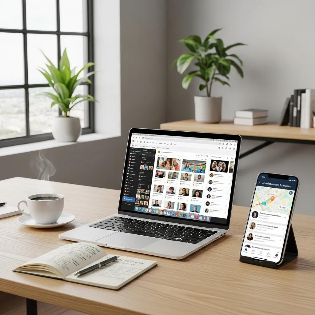 Digital tools for local business networking, showcasing a laptop and smartphone in a modern workspace