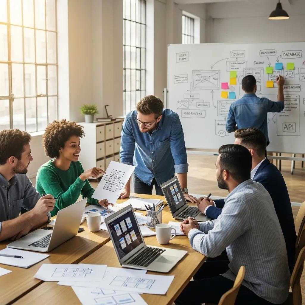 Group of web developers collaborating in a modern office setting