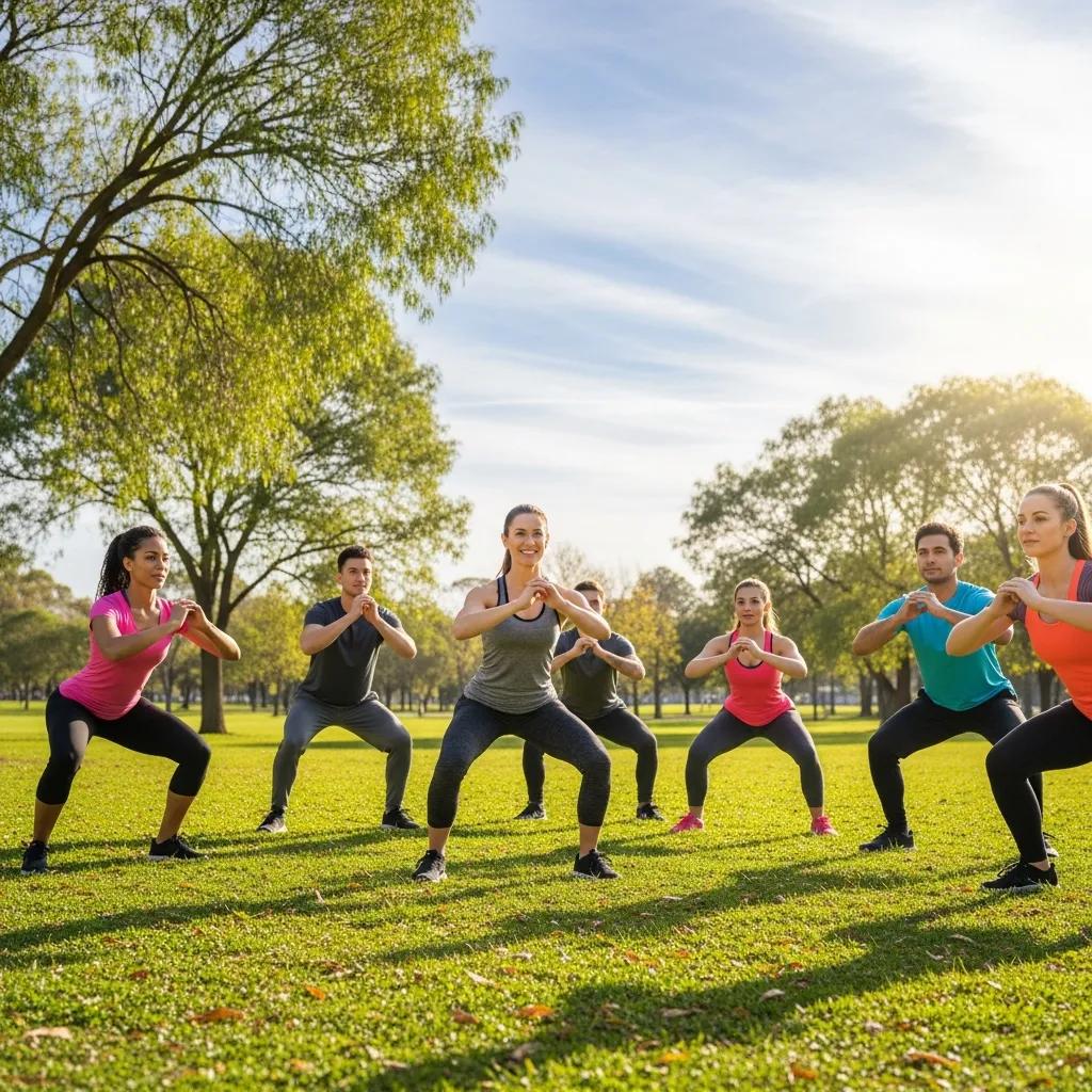 Group workout session with a personal trainer in a park, emphasizing fitness and motivation