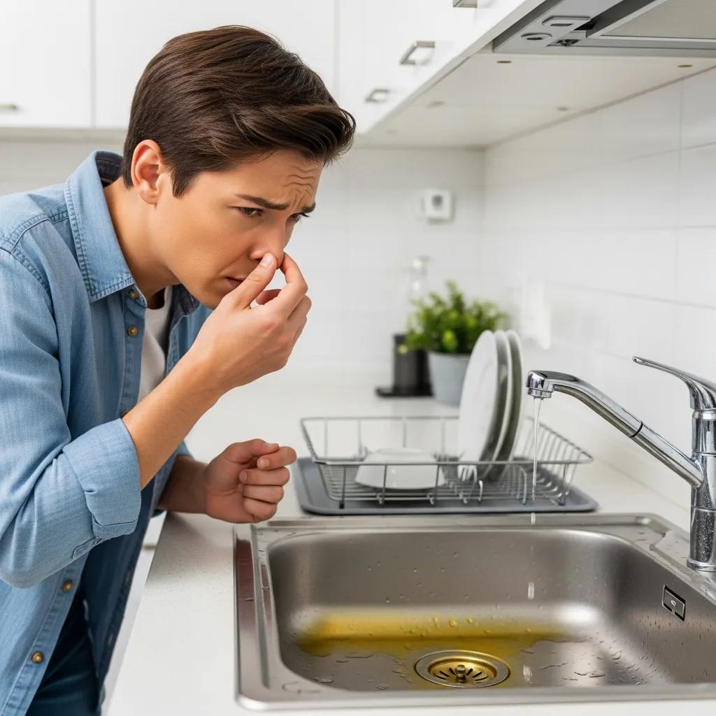 Homeowner reacting to foul odors from a kitchen sink, highlighting the importance of recognizing drain issues