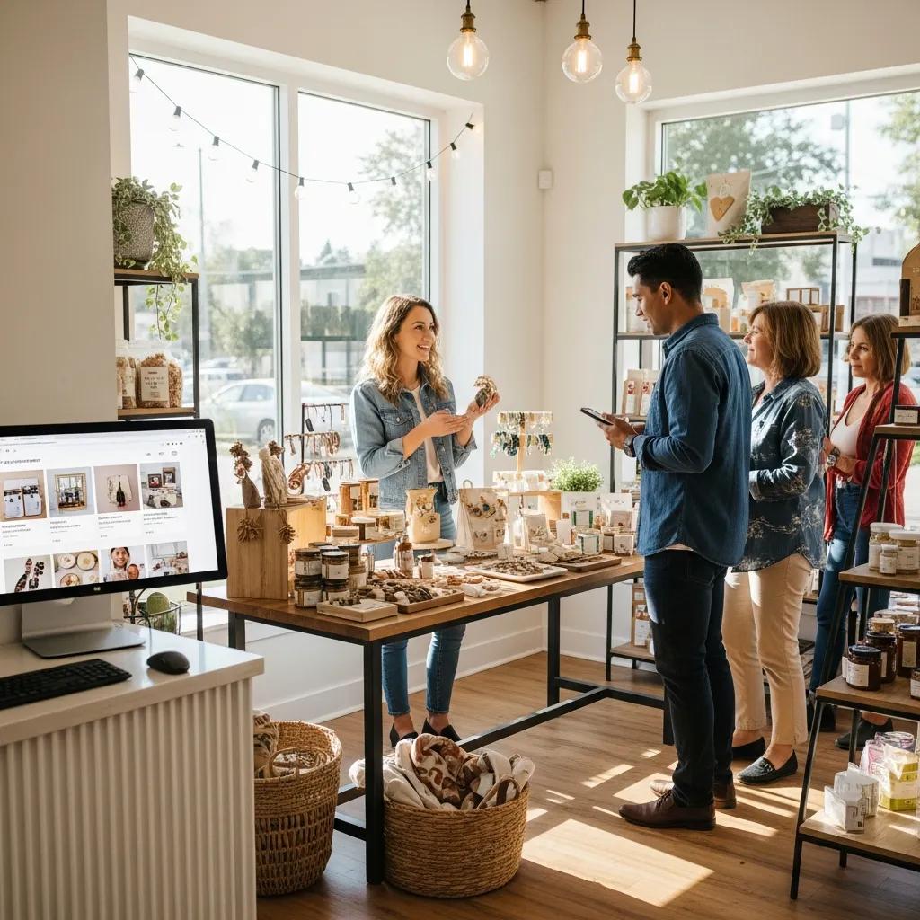 Local business owner engaging with customers in a vibrant e-commerce setting