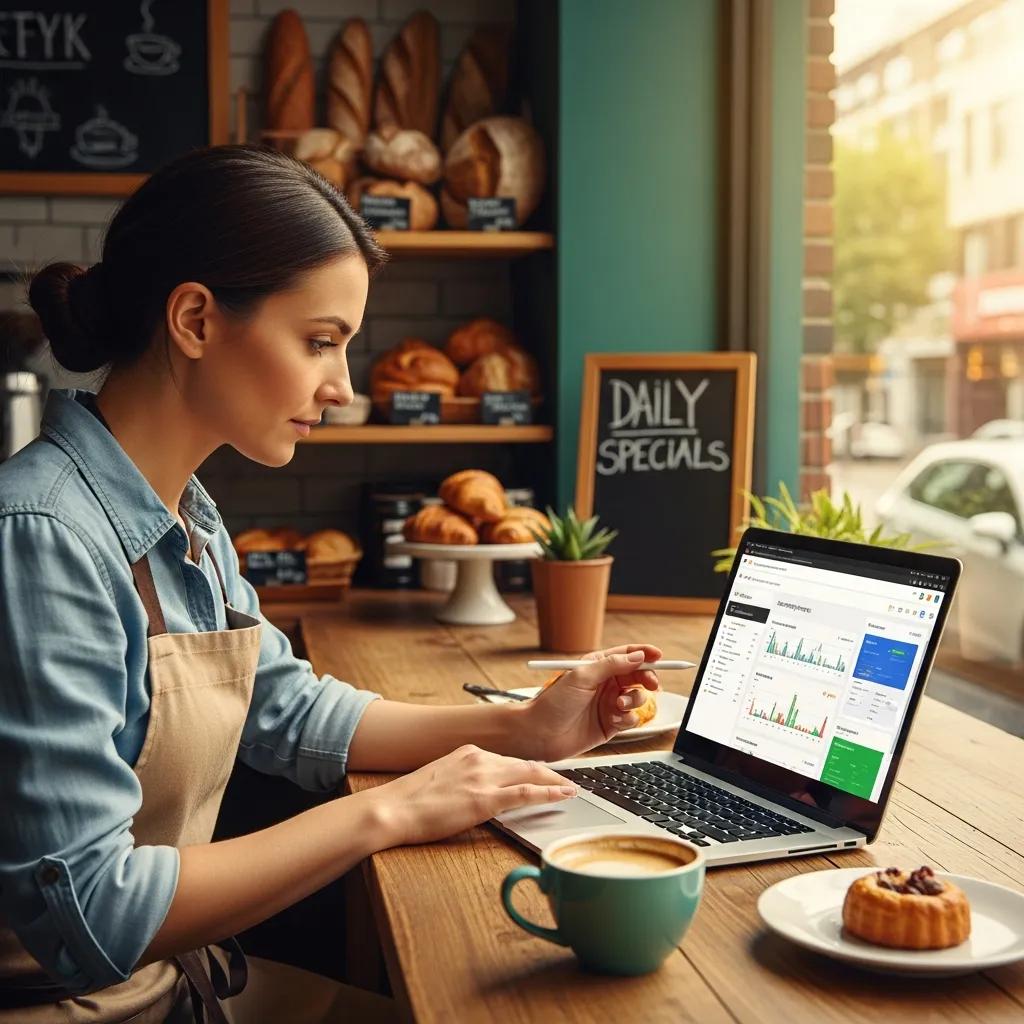 Local business owner managing Google Ads on a laptop in a cozy coffee shop setting