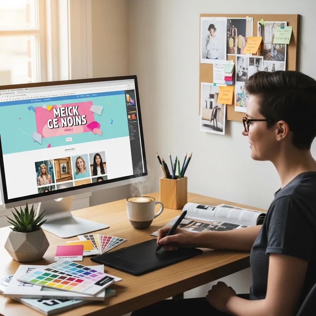 Local web designer creating a custom website design in a cozy workspace