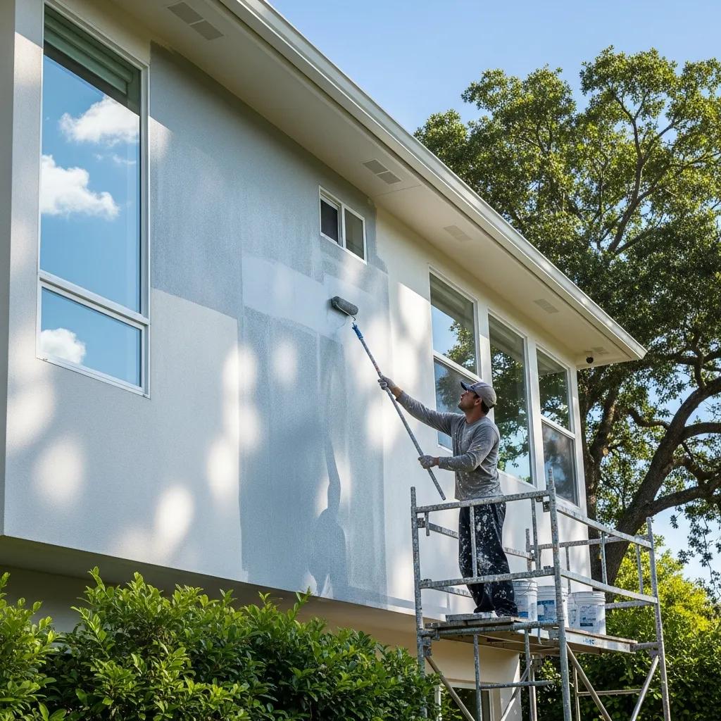 Painter applying weather-resistant exterior paint on a house, highlighting durability and quality