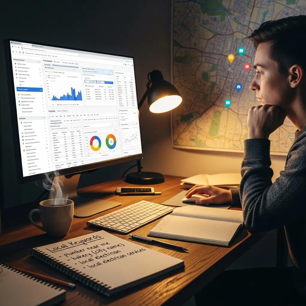 Person analyzing local keyword data for Google Ads on a computer