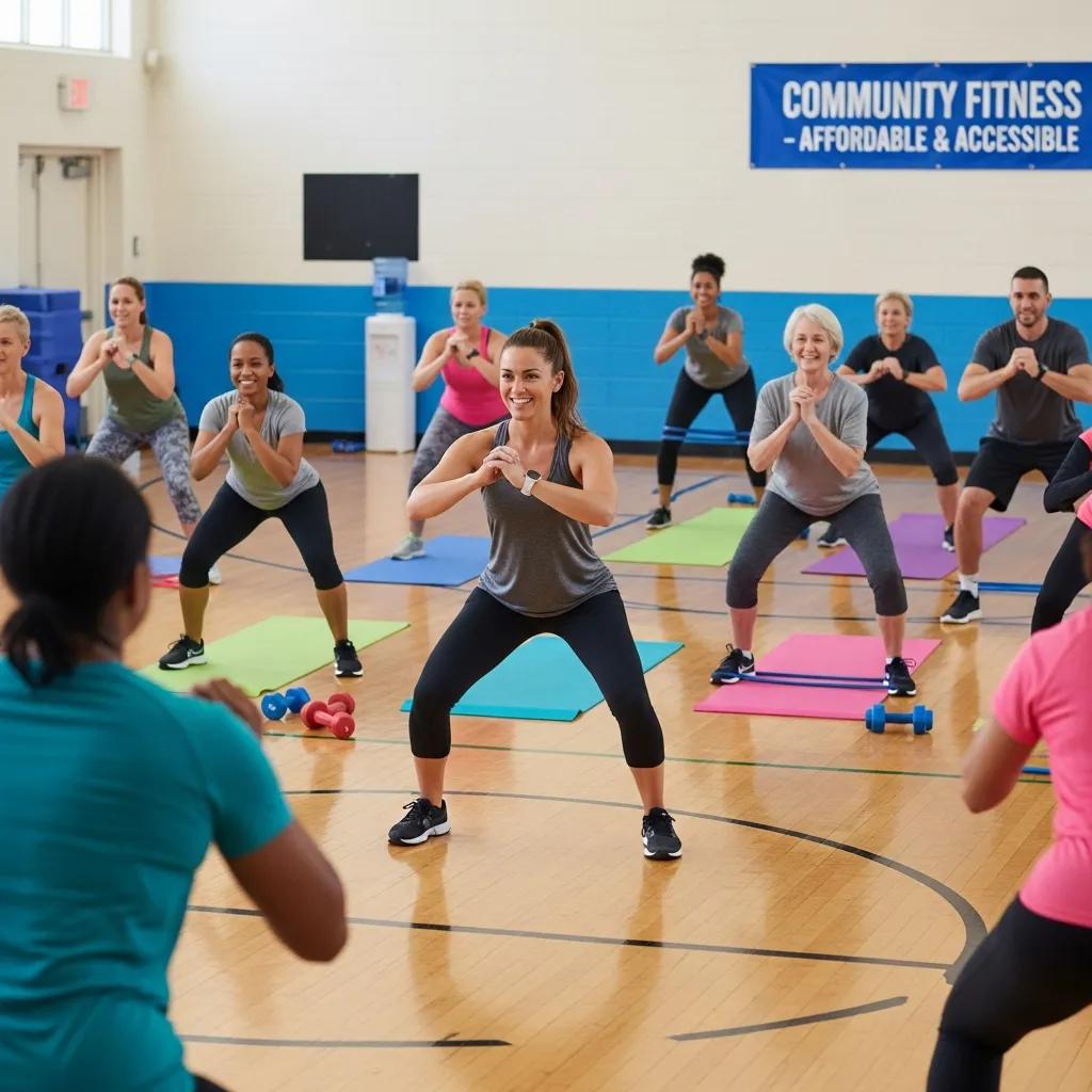 Personal trainer leading a budget-friendly group fitness class in a community center, showcasing inclusivity