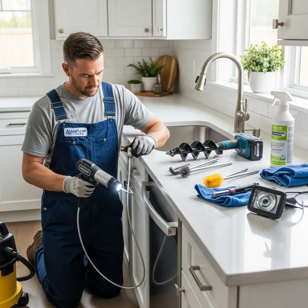 Professional plumber cleaning a drain in a modern kitchen, showcasing expertise in drain cleaning services