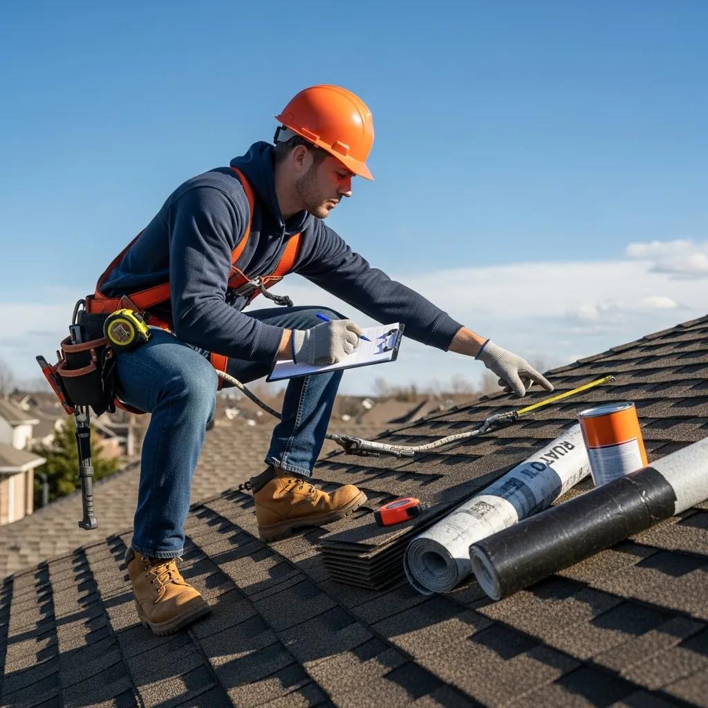 Professional roofing contractor inspecting a residential roof with tools in a sunny outdoor setting