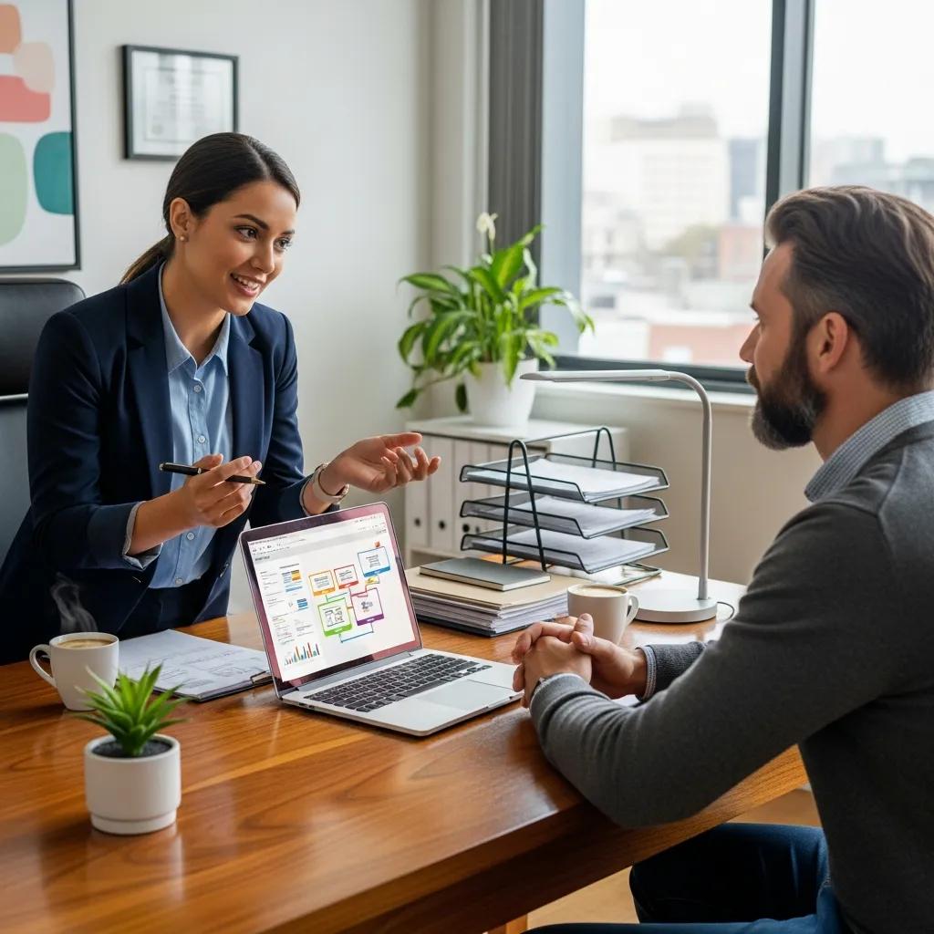 Small business owner engaging with a customer in a modern office, highlighting CRM systems