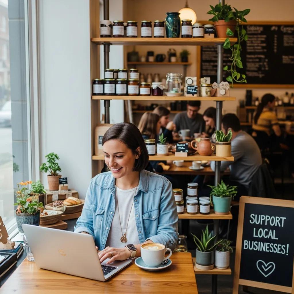 Small business owner working on content marketing in a cozy caf&eacute; setting
