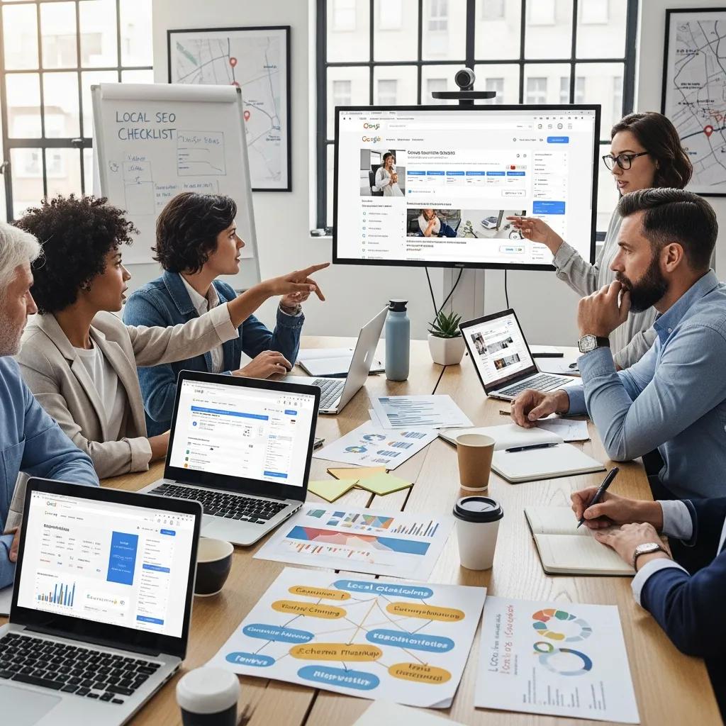 Small business owners collaborating on local SEO strategies in a dynamic setting