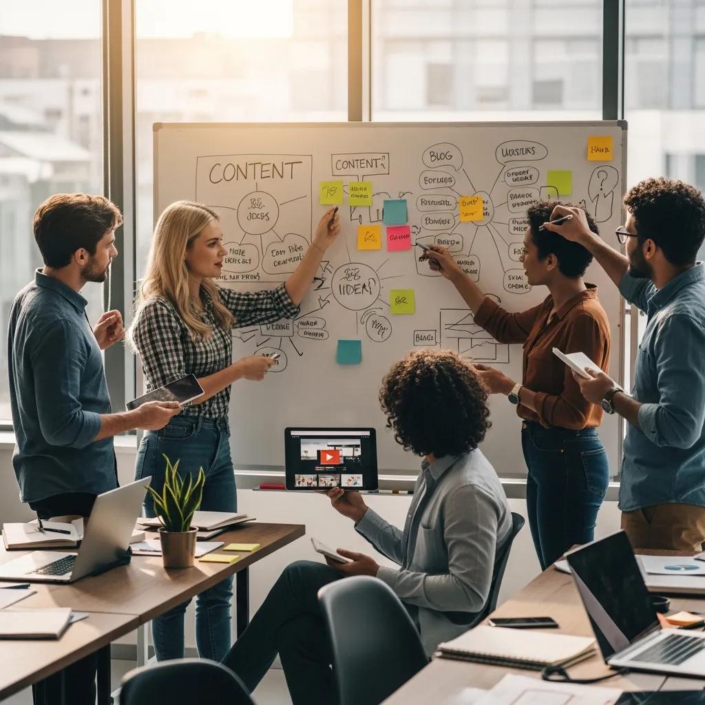 Small business team brainstorming blog and video content ideas in a modern office