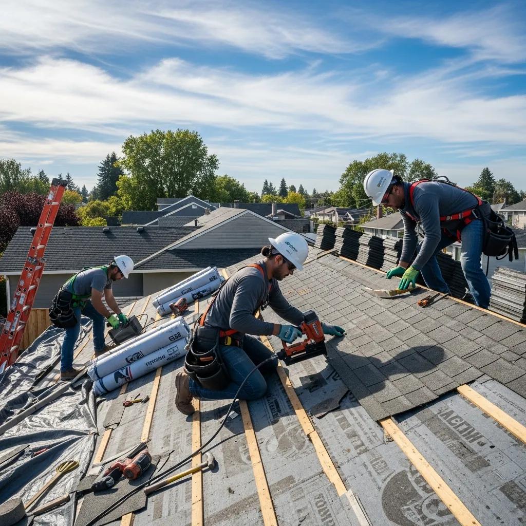 Team of roofers collaborating on a roof installation with various roofing materials